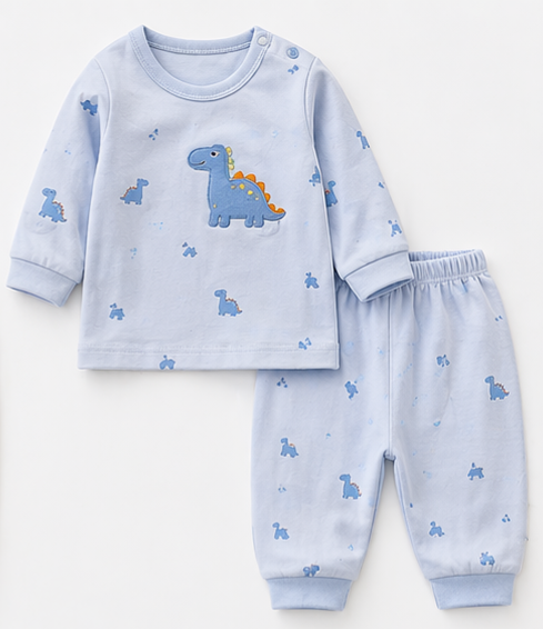 Baby Light Blue Dinosaur Embroidery Long Sleeve 2-Piece Set