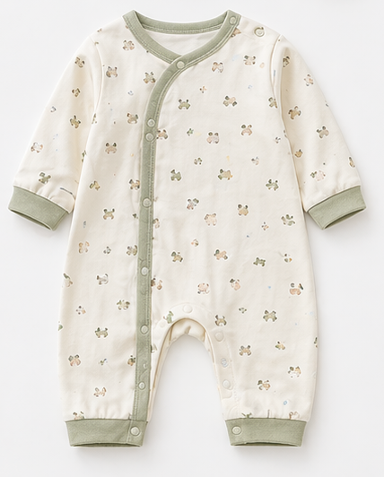 Baby Cartoon Bear All Over Print Side Snap Long Sleeve Jumpsuit