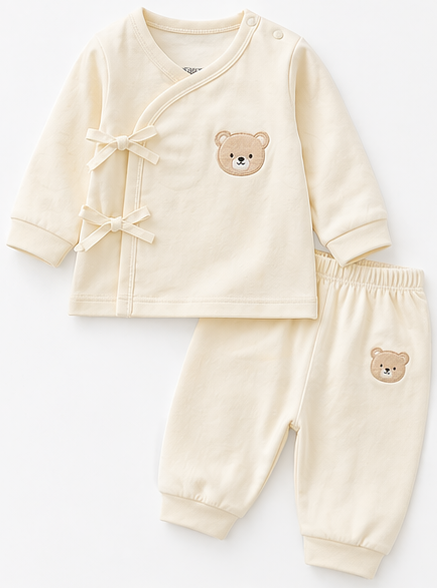 Newborn Cream Bear Embroidery Side Tie 2-Piece Outfit Set