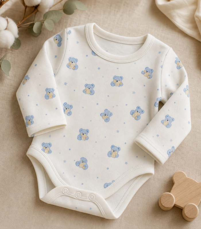 Baby Blue Bear & Star All Over Print Long Sleeve Bodysuit