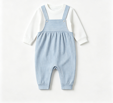 Baby Blue White Stripe Overalls Fake Two-Piece Long Sleeve Jumpsuit