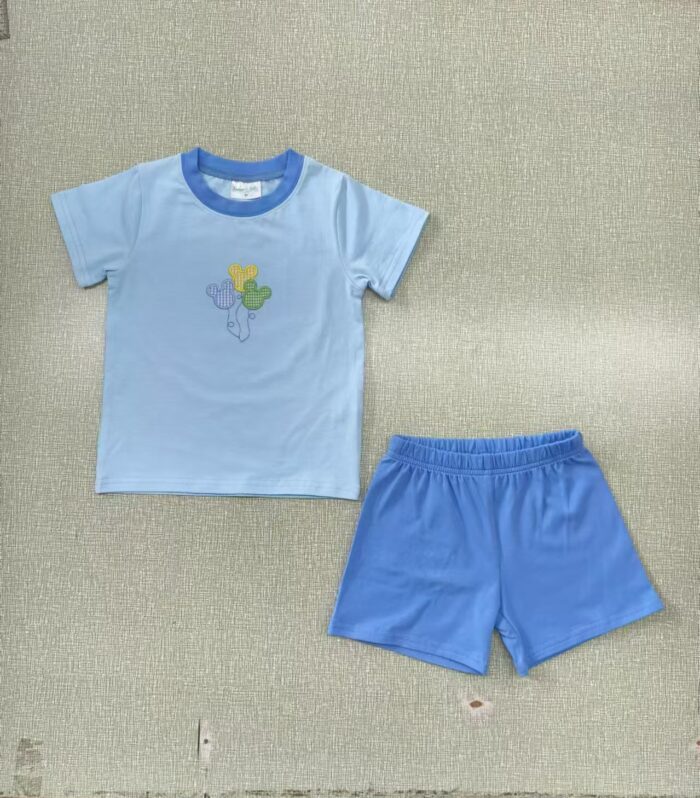 Kids Mickey Balloon Embroidered Light Blue Matching Short Set
