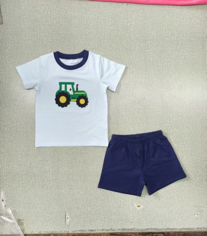 Kids Tractor Applique Striped T-shirt & Shorts Set