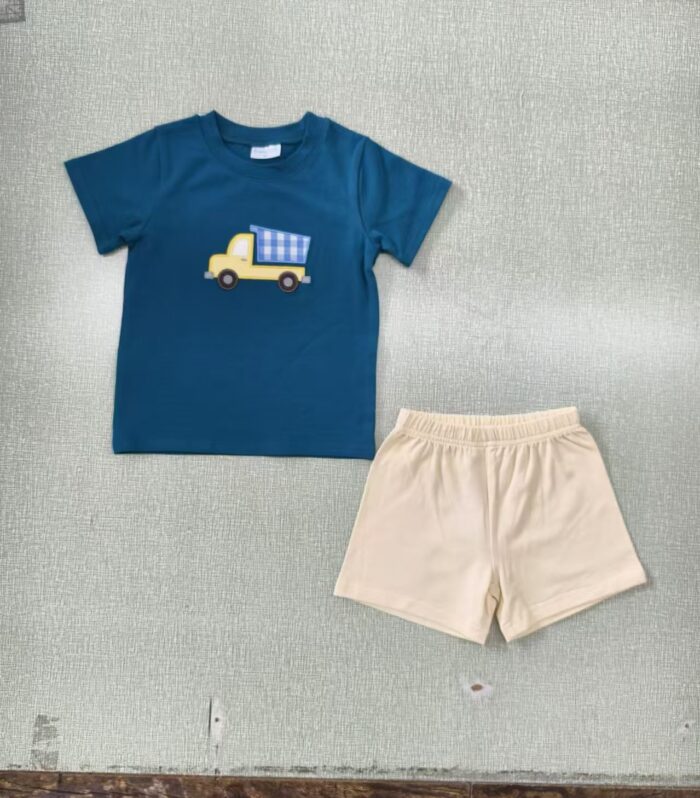 Kids Yellow Dump Truck Applique Tee & Beige Shorts Set