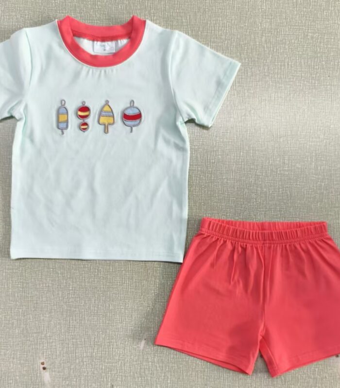 Kids Ice Pop Embroidered Mint Tee & Watermelon Red Shorts Set