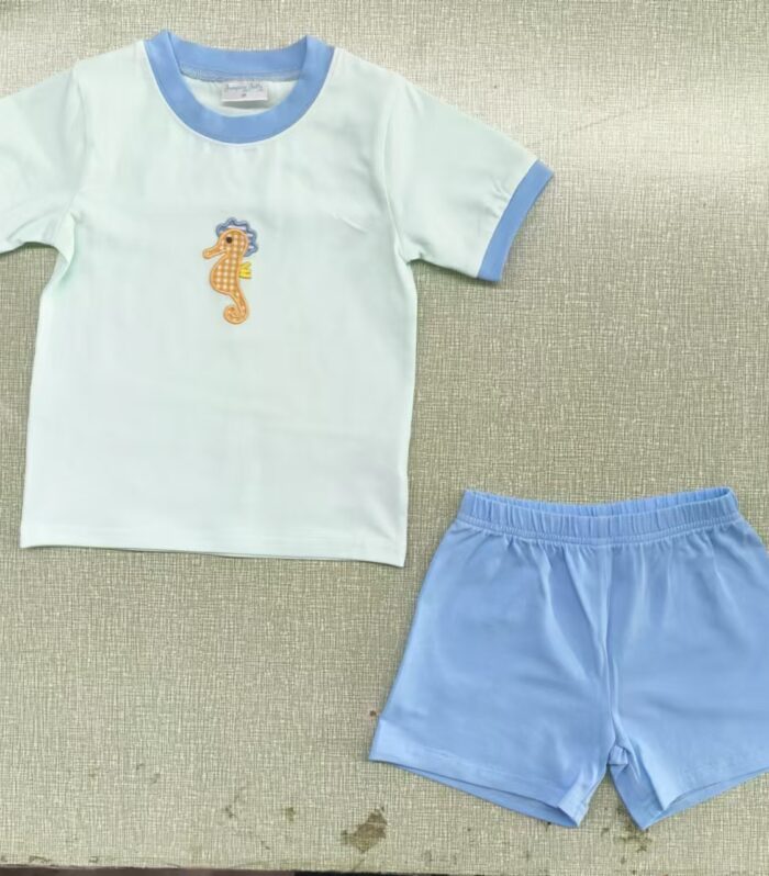 Kids Check Seahorse Applique Mint Tee & Light Blue Shorts Set