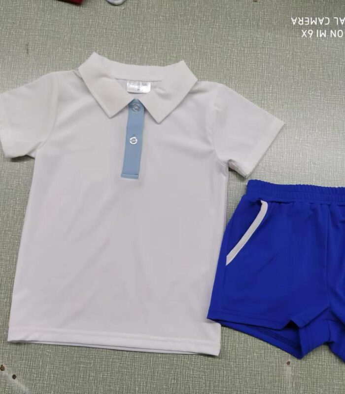 Kids White & Light Blue Color Block Polo Tee & Royal Blue Sports Shorts Set