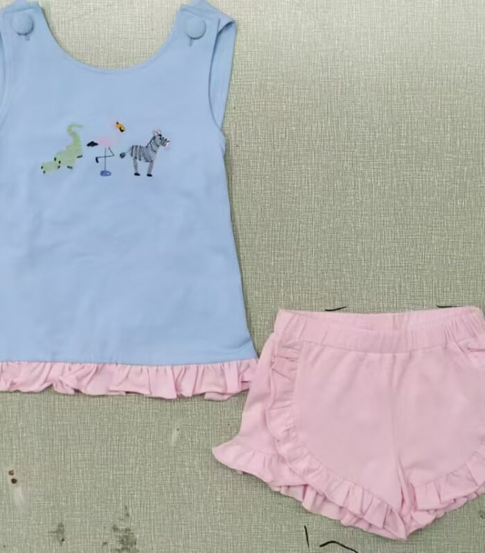 Girls Light Blue Zoo Animal Embroidered Tank Top & Pink Ruffle Shorts Set