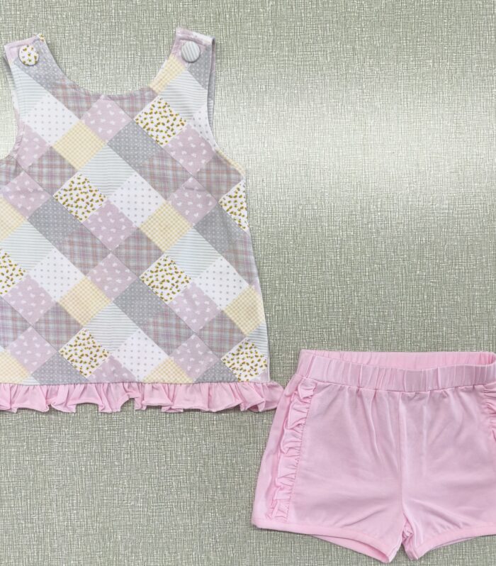 Girls Patchwork Plaid Tank Top & Pink Ruffle Shorts Set