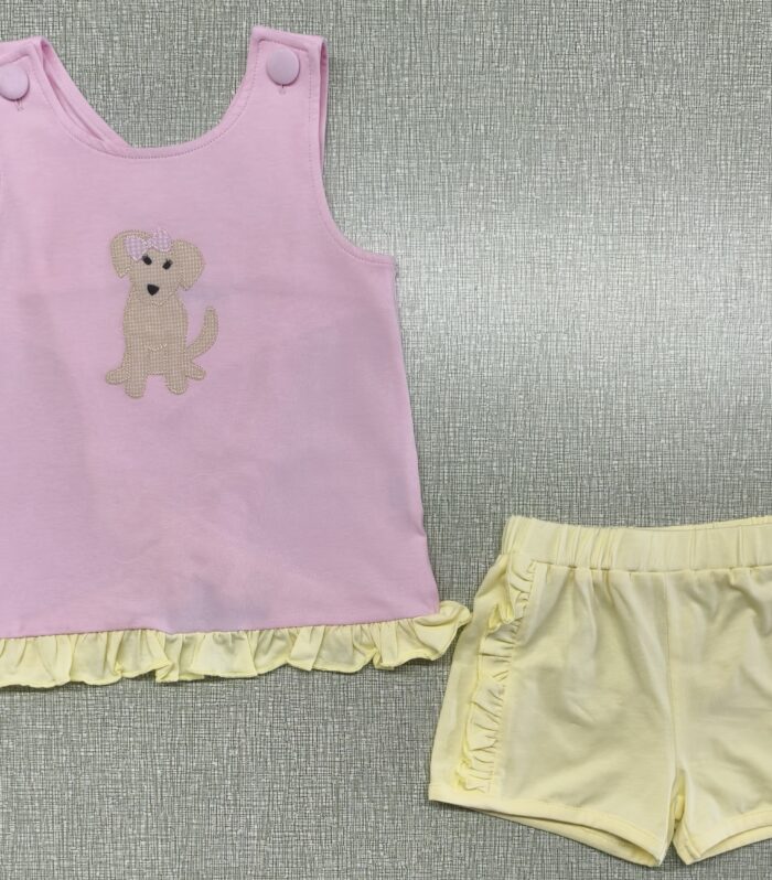 Girls Pink Puppy Embroidered Tank Top & Yellow Ruffle Shorts Set