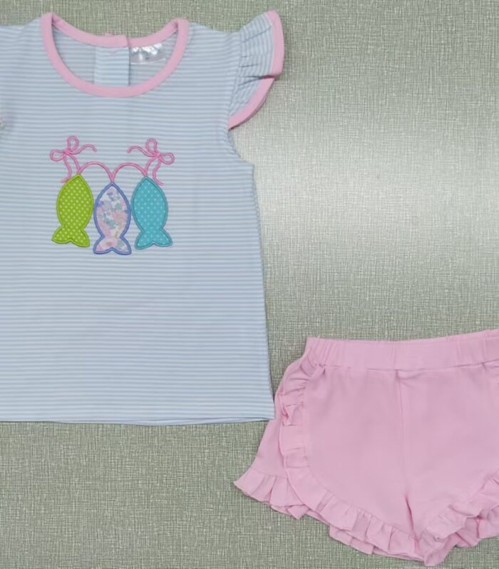Girls Light Blue Stripe 3-Color Fish Applique Flutter Tank & Pink Ruffle Shorts Set
