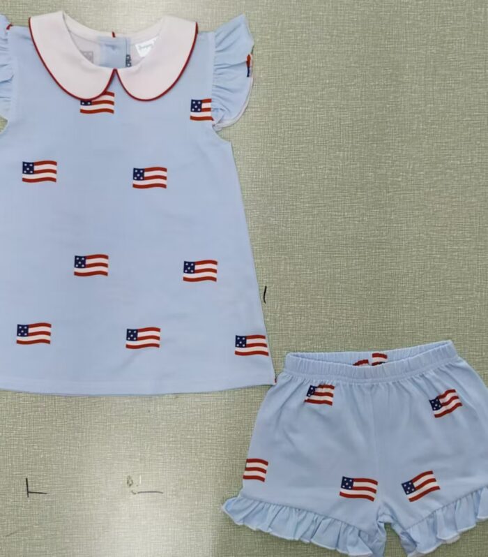Girls Light Blue All Over US Flag Peter Pan Collar Flutter Tank & Matching Print Ruffle Shorts Set