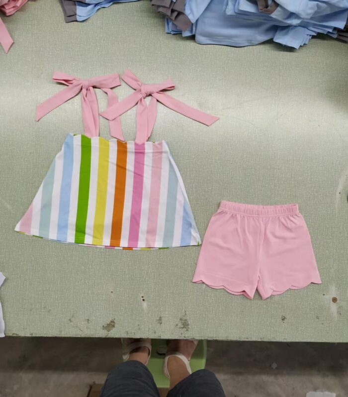 Girls Macaron Rainbow Stripe Big Pink Bow Strap Tank & Pink Scallop Hem Shorts Set