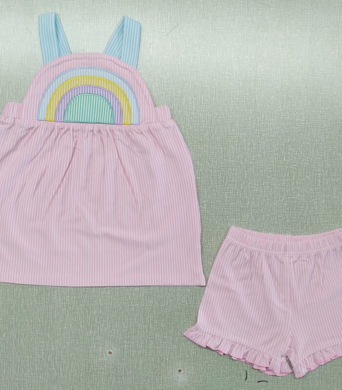 Girls Pink White Stripe Rainbow Applique Strap Tank & Matching Stripe Ruffle Shorts Set
