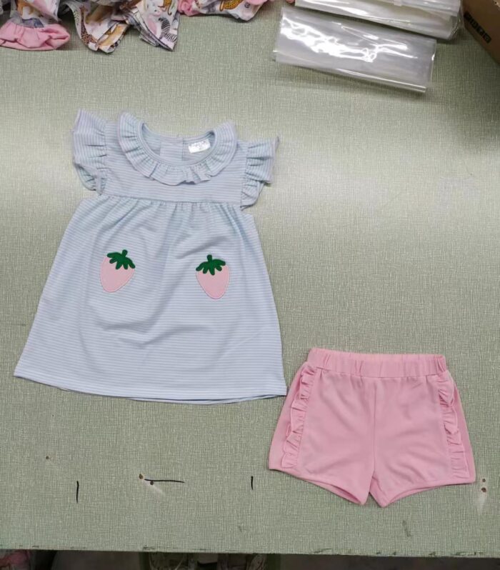 Girls Light Blue Stripe Strawberry Applique Ruffle Neck Flutter Tank & Pink Ruffle Shorts Set