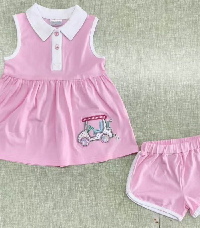 Girls Pink Golf Cart Embroidered Sleeveless Polo & Shorts Set