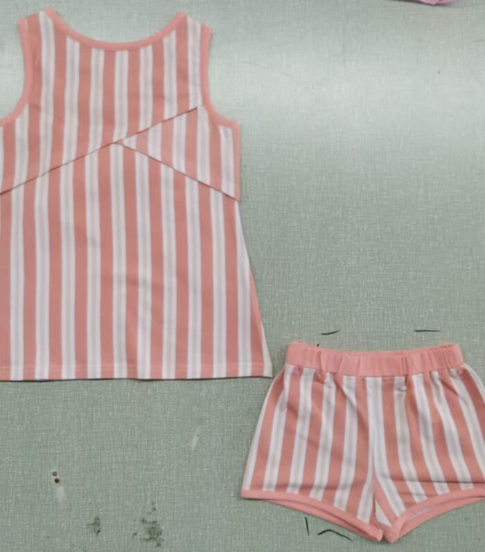 Girls Pink White Wide Vertical Stripe Panel Tank & Matching Stripe Trim Shorts Set