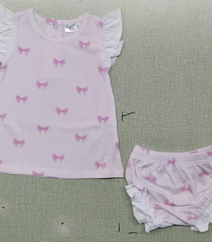 Girls Light Pink All Over Bow Print Flutter Tank & White Ruffle Bloomers Set