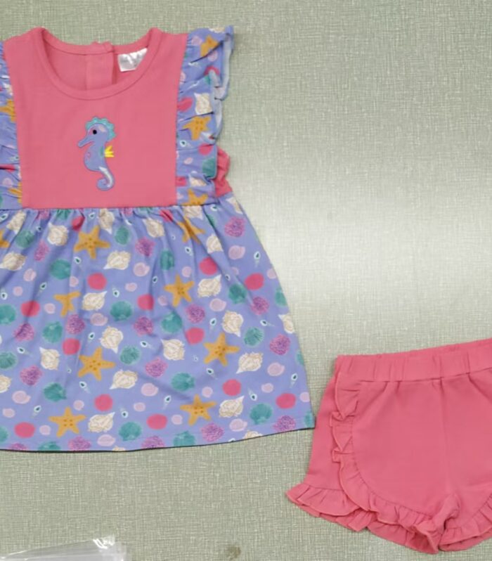 Girls Sea Animal Print Flutter Sleeve Top & Pink Ruffle Shorts Set