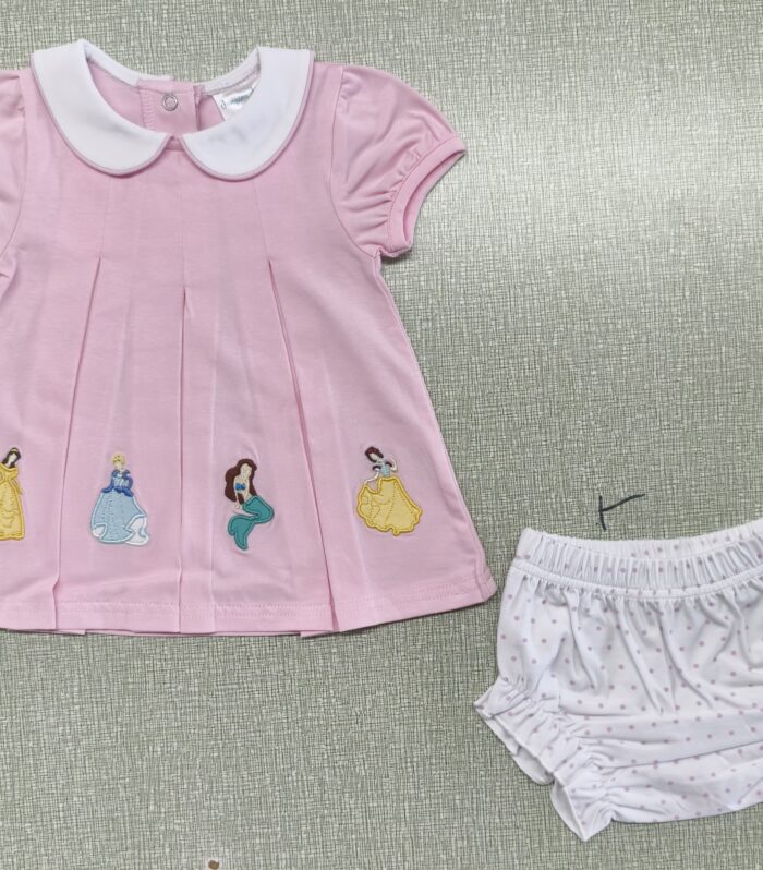 Girls Pink Peter Pan Collar Princess Embroidery Short Sleeve Top & Polka Dot Ruffle Bloomers Set