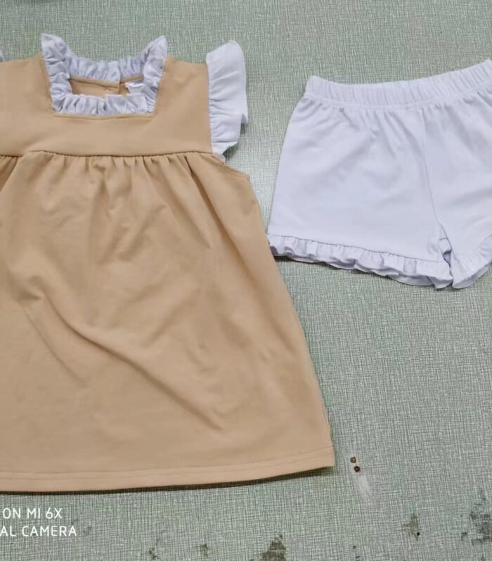 Girls Khaki Square Neck Flutter Sleeve Top & White Ruffle Shorts Set