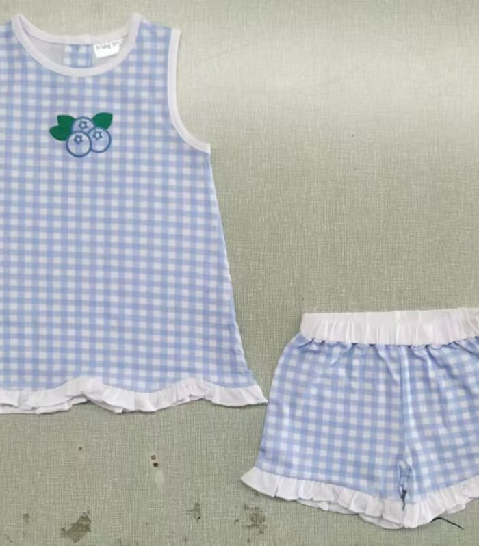 Girls Blue & White Gingham Blueberry Embroidered Tank Top & Ruffle Shorts Set