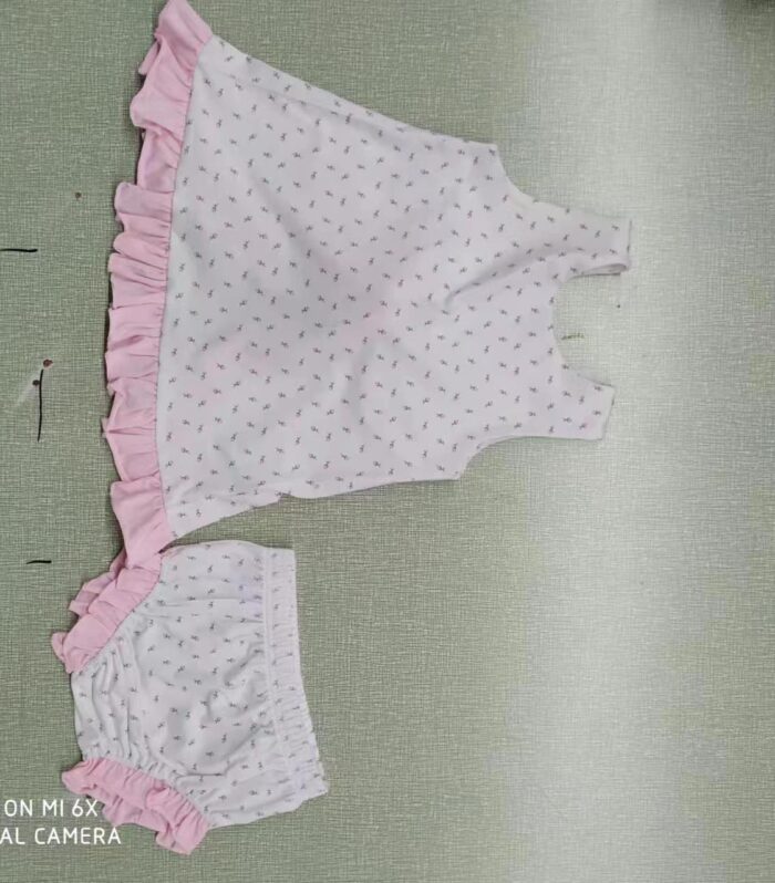 Girls White Base Floral Tank Top & Pink Ruffle Shorts Set