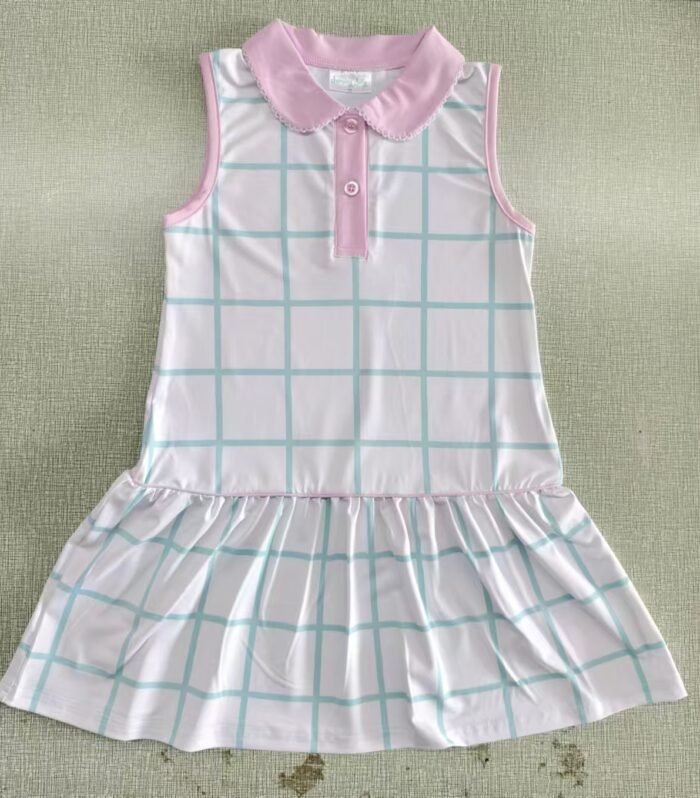 Girls Light Blue Gingham Sleeveless Polo Tennis Dress with Pink Collar