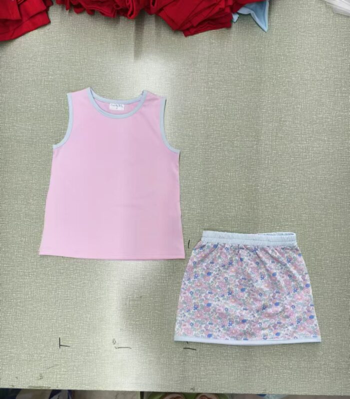 Girls Pink Tank Top with Light Blue Trim & Floral Shorts Set