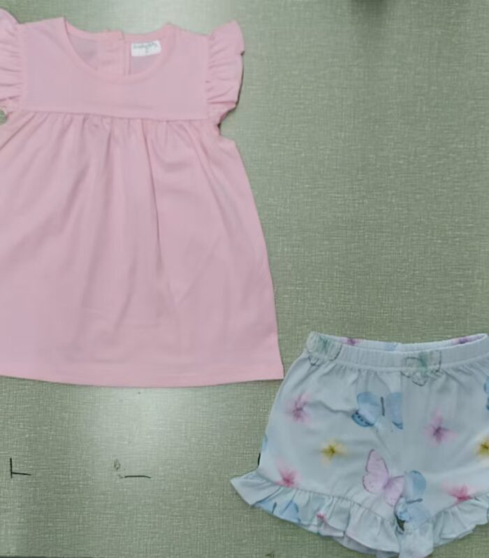 Girls Solid Pink Flutter Tank & Light Blue Watercolor Butterfly Print Ruffle Shorts Set
