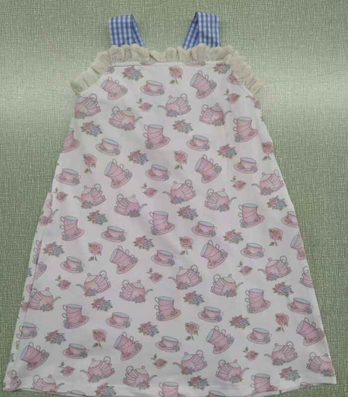 Girls Tea Set & Rose Print Lace Strap Sundress with Gingham Straps