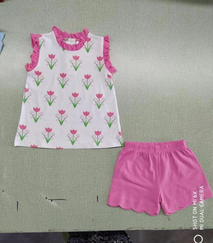 Girls Tulip Print Sleeveless Tank Top & Pink Scallop Shorts Set