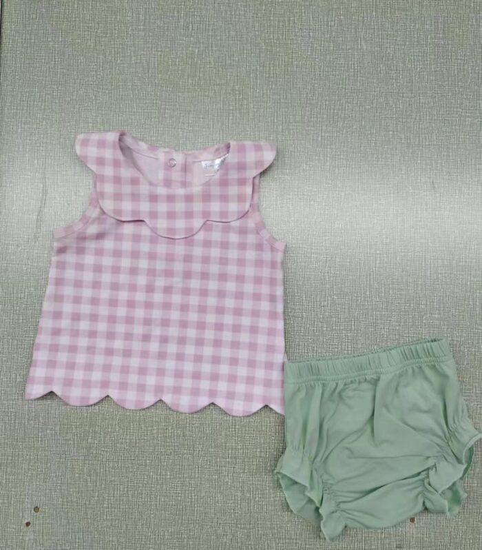 Girls Pink Gingham Scallop Collar Tank Top & Mint Green Bloomer Set