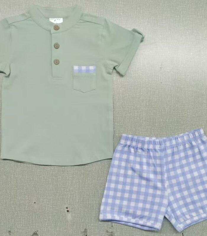 Boys Sage Green Mandarin Collar Short Sleeve Shirt & Blue Gingham Shorts Set