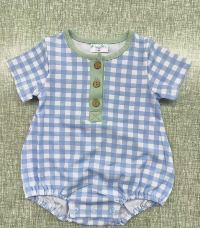 Baby Blue Gingham Short Sleeve Romper with Green Trim