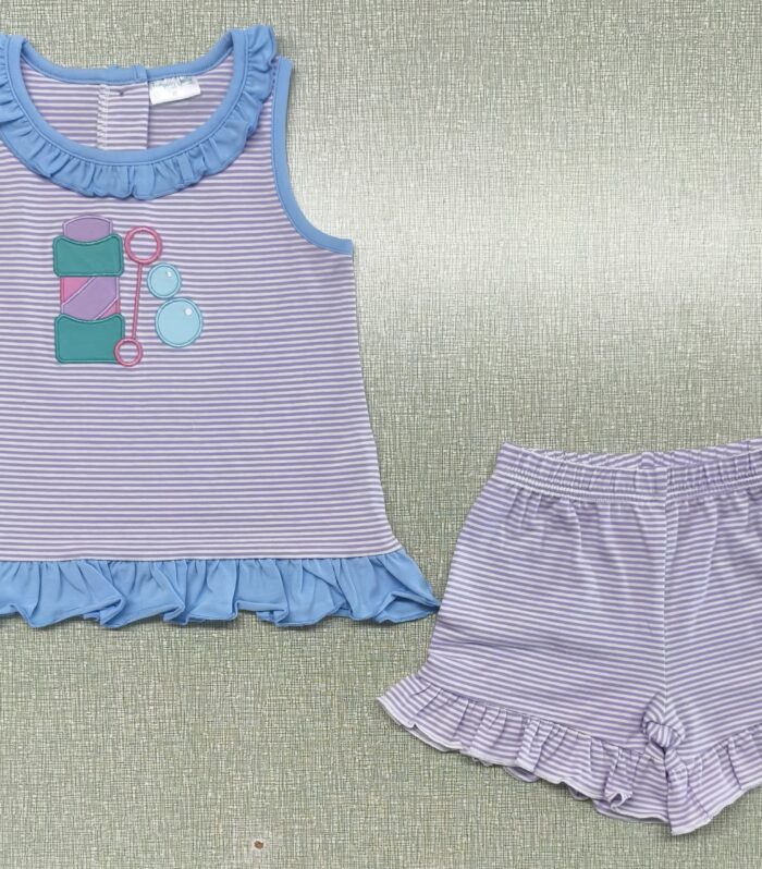 Girls Purple White Stripe Bubble Wand Applique Tank Top & Ruffle Shorts Set