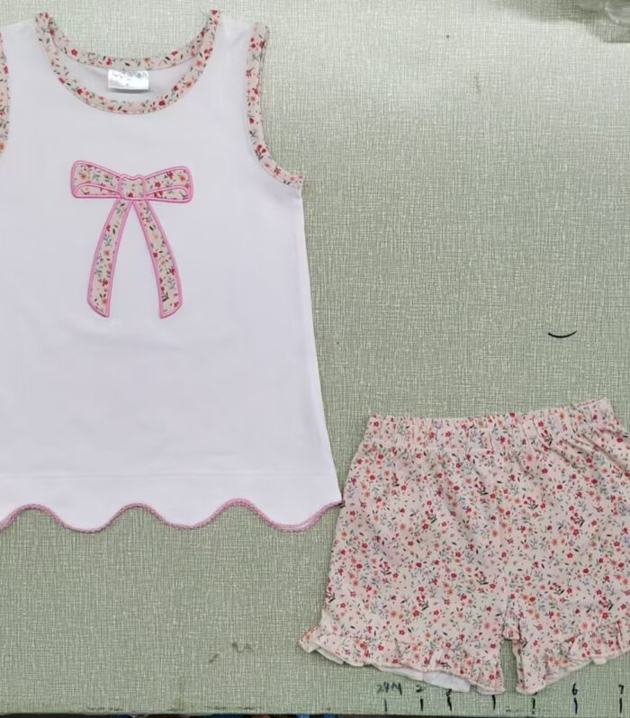 Girls White Floral Bow Applique Tank Top & Floral Ruffle Shorts Set