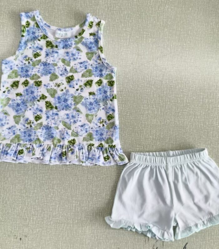 Girls Watercolor Blue Hydrangea Print Tank Top & Light Blue Ruffle Solid Shorts Set