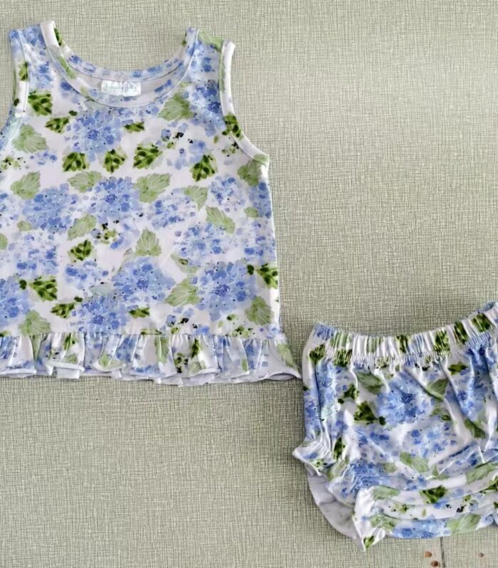 Girls Blue Hydrangea Print Tank Top & Matching Floral Ruffle Bloomers Set