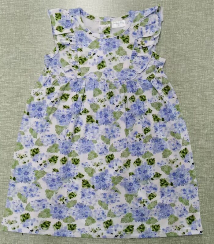Girls White Base Blue Hydrangea Print Flutter Sleeve Dress