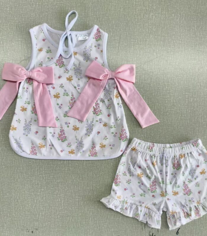 Girls Double Big Pink Side Bow Floral Tank Top & Floral Ruffle Shorts Set