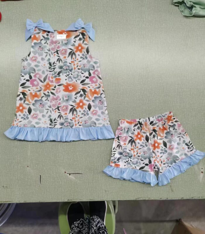 Girls Orange Watercolor Floral Blue Bow Tank Top & Matching Floral Blue Ruffle Shorts Set