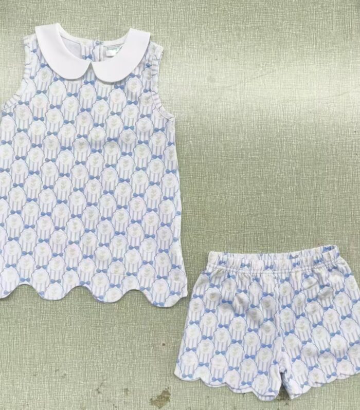 Girls Blue Cupcake Print Peter Pan Collar Tank Top & Scallop Hem Shorts Set