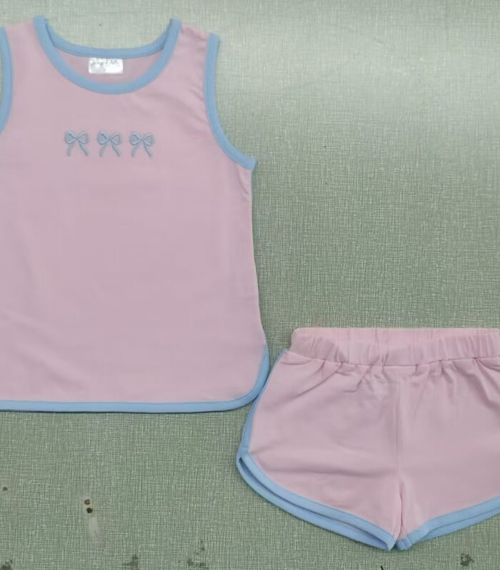 Girls Pink & Light Blue Trim Three Embroidered Mini Bow Tank Top & Trimmed Sports Shorts Set