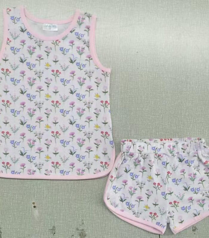 Girls Multi Wildflower Print Pink Trim Tank Top & Matching Floral Shorts Set
