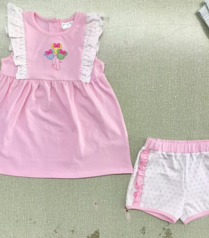 Girls Pink Mickey Balloon Applique Polka Dot Flutter Tank & Polka Dot Ruffle Shorts Set