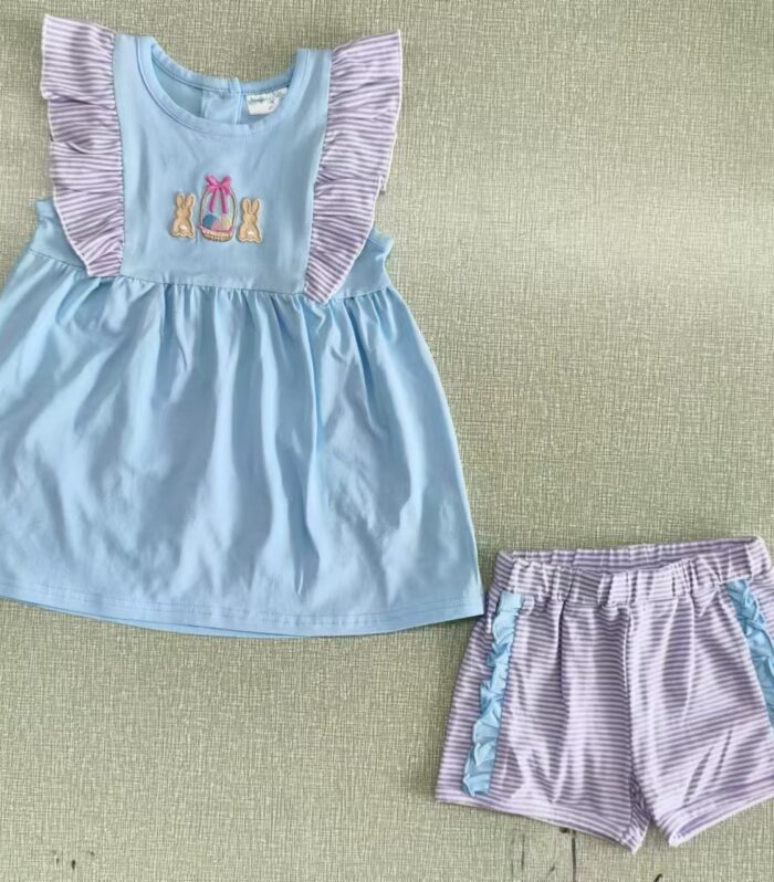 Girls Light Blue Bunny Egg Embroidery Purple Stripe Flutter Tank Top & Stripe Ruffle Shorts Set