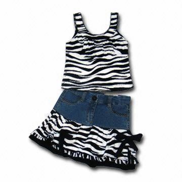 Girls Zebra Print Tank Top & Denim Spliced Skirt Set